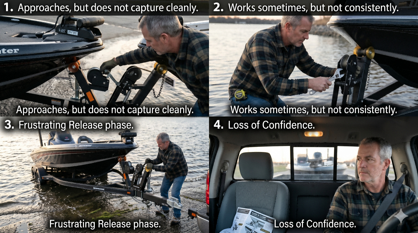 Troubleshooting scenarios for a Ramp-N-Clamp boat trailer latch system, including failed capture, inconsistent engagement, difficult release, and loss of operator confidence